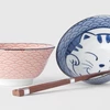 Kép 2/3 - Made in Japan Red & Blue Maneki Wave tálkészlet evőpálcikákkal
