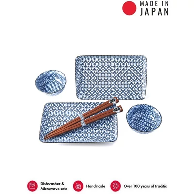 Made in Japan Blue & White Geometric Flowers sushi készlet evőpálcikákkal