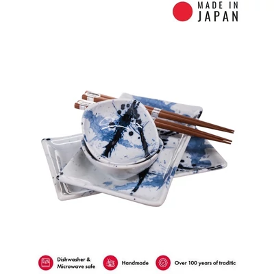 Made in Japan Blue & White Splash sushi készlet evőpálcikákkal