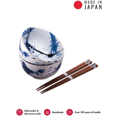 Made in Japan Blue & White Splash tálkészlet evőpálcikákkal