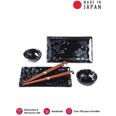 Made in Japan Black Sakura sushi készlet evőpálcikákkal