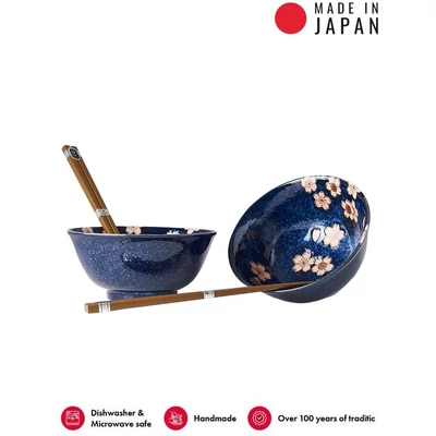 Made in Japan Pink Sakura Navy Blue tálkészlet evőpálcikákkal