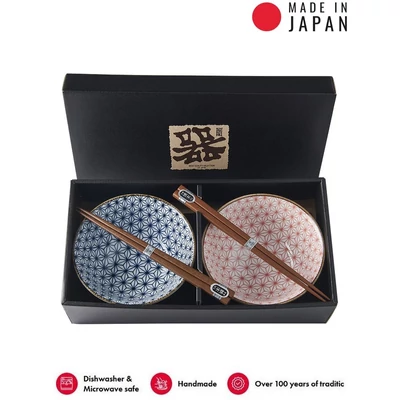 Made in Japan Asanoha Red & Blue tálkészlet evőpálcikákkal