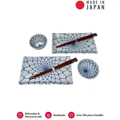 Made in Japan White & Blue Net sushi készlet evőpálcikákkal