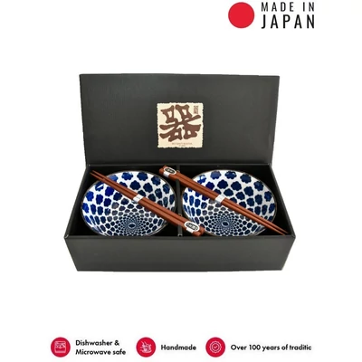 Made in Japan White with Blue Cloud tálkészlet evőpálcikákkal
