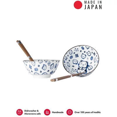 Made in Japan Maneki Cat Blue tálkészlet evőpálcikákkal