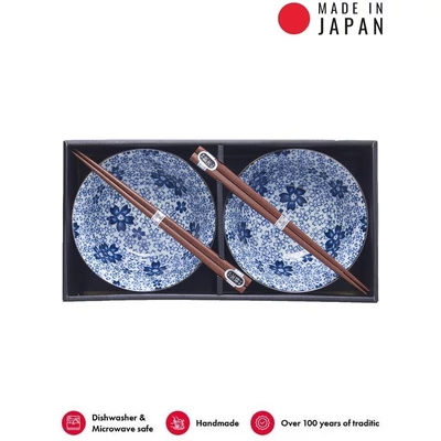 Made in Japan White with Blue Blossom tálkészlet evőpálcikákkal