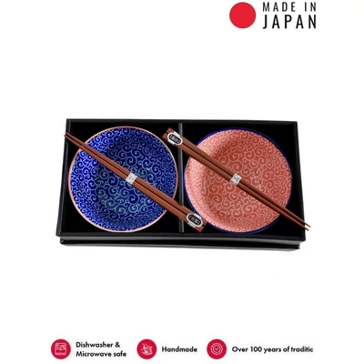 Made in Japan Red & Blue Fan and Curl tálkészlet evőpálcikákkal