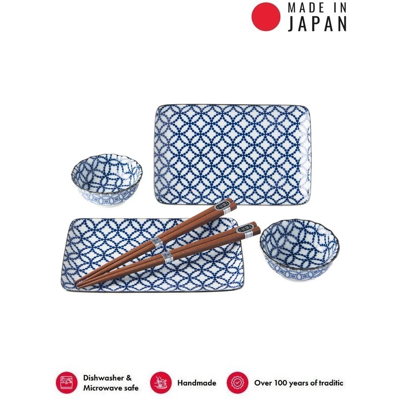 Made in Japan Blue & White with Geometric Symbol sushi készlet evőpálcikákkal