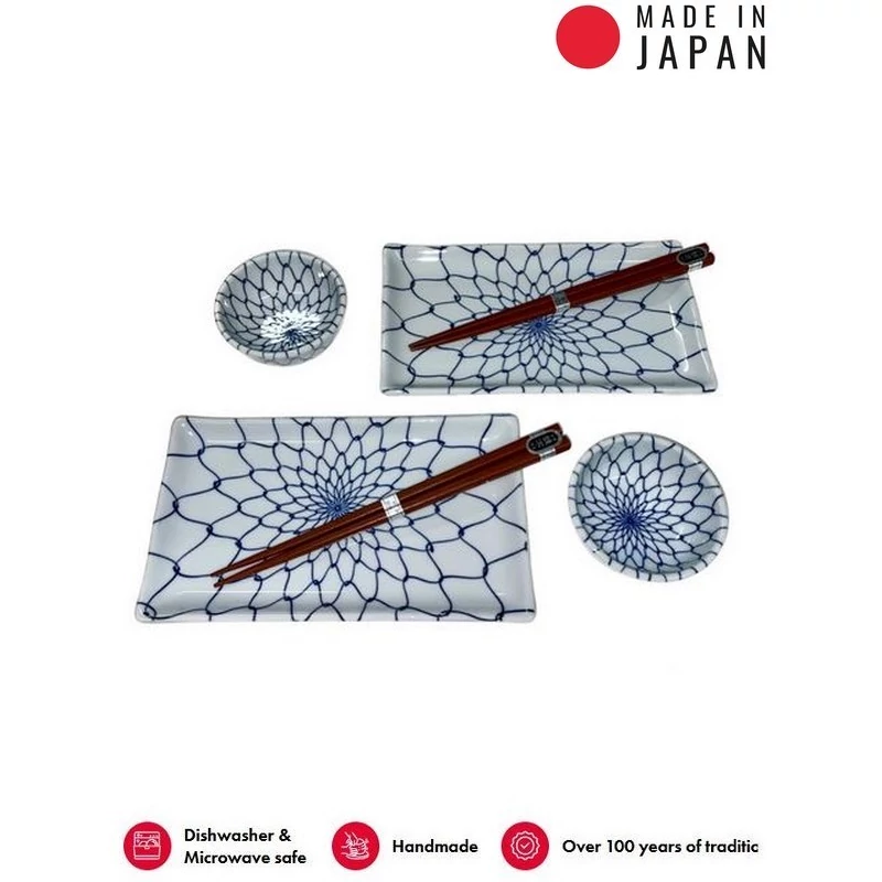 Made in Japan White & Blue Net sushi készlet evőpálcikákkal