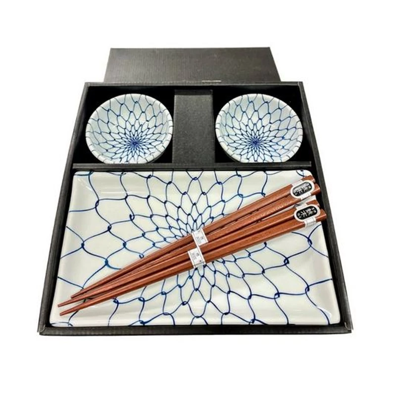 Made in Japan White & Blue Net sushi készlet evőpálcikákkal