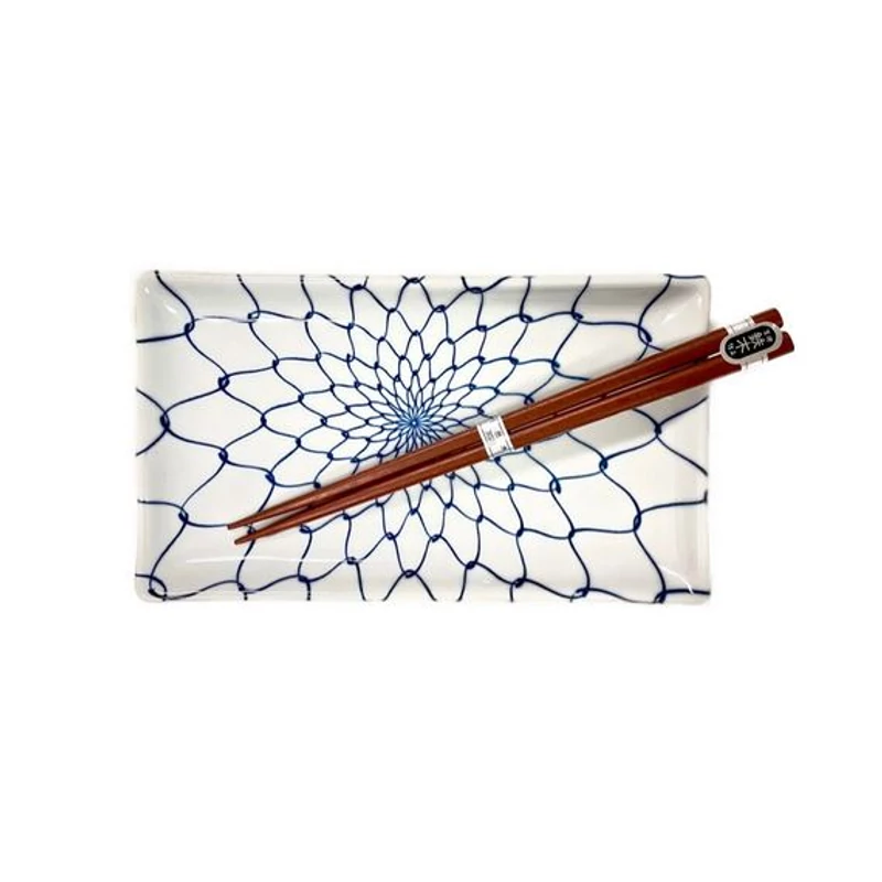 Made in Japan White & Blue Net sushi készlet evőpálcikákkal