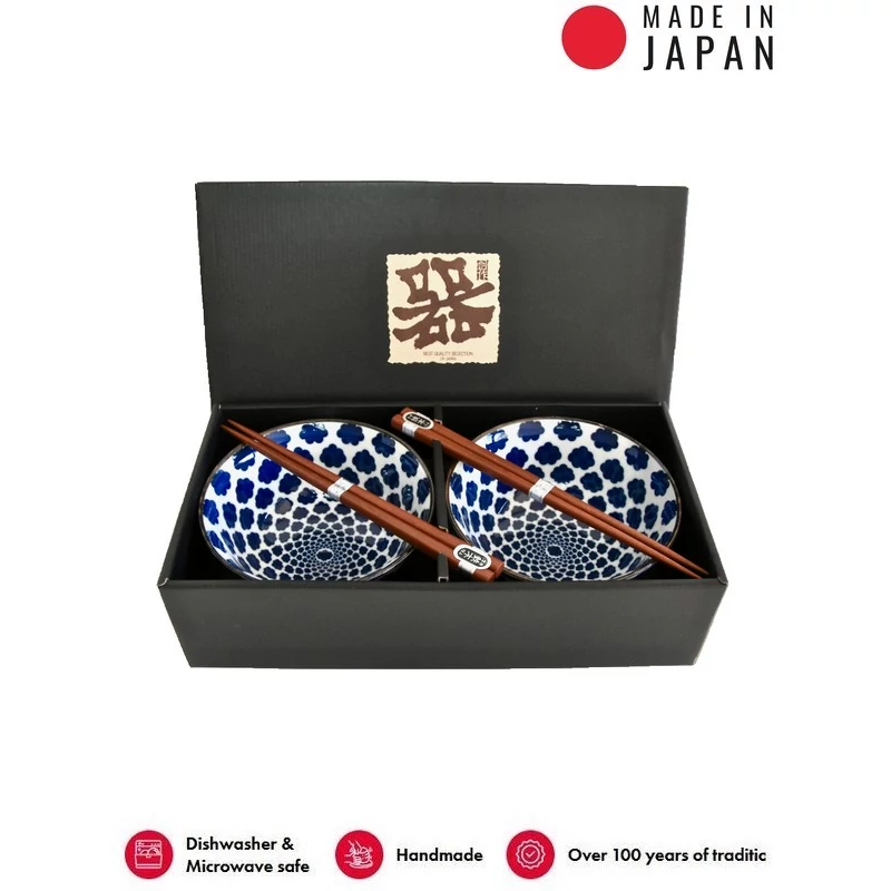 Made in Japan White with Blue Cloud tálkészlet evőpálcikákkal
