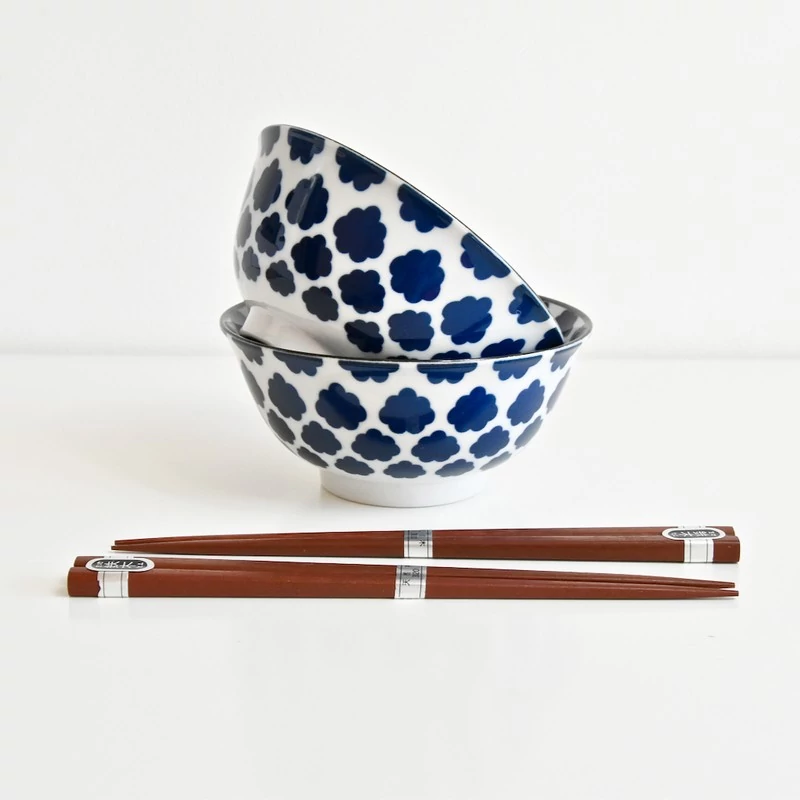 Made in Japan White with Blue Cloud tálkészlet evőpálcikákkal