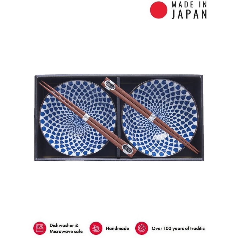 Made in Japan White with Blue Teardrops tálkészlet evőpálcikákkal