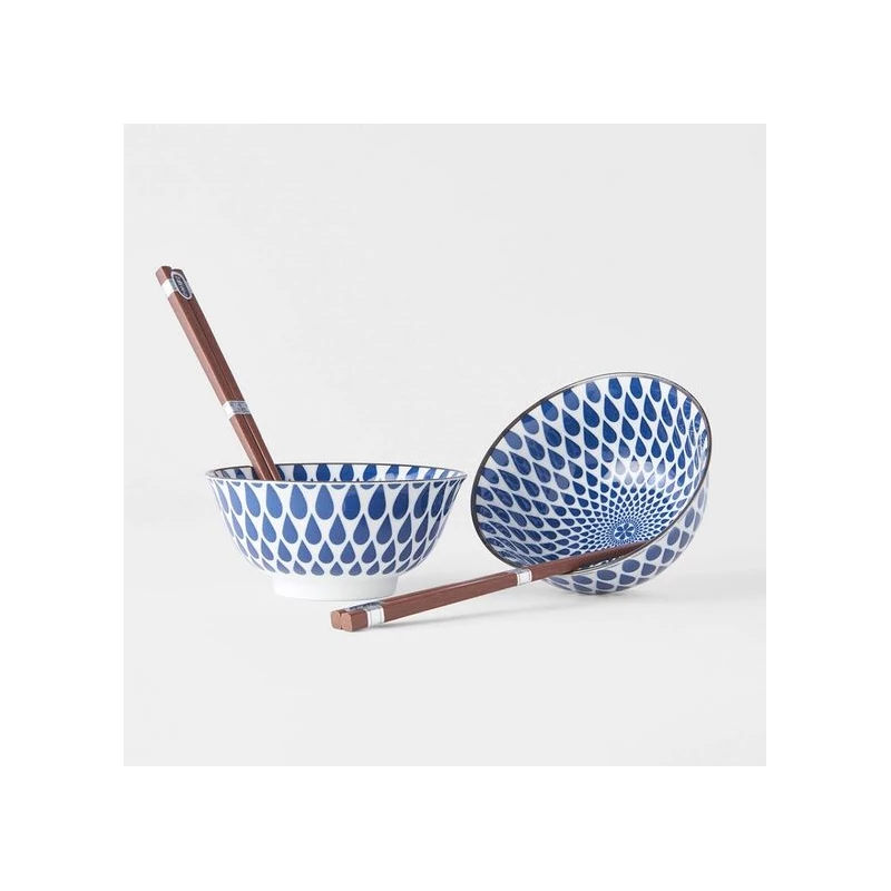 Made in Japan White with Blue Teardrops tálkészlet evőpálcikákkal