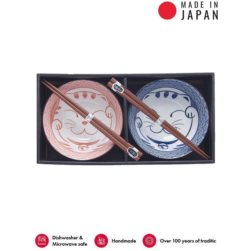 Made in Japan Red & Blue Maneki Wave tálkészlet evőpálcikákkal