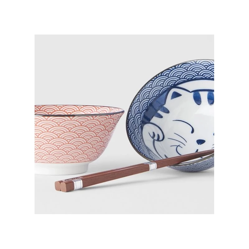 Made in Japan Red & Blue Maneki Wave tálkészlet evőpálcikákkal