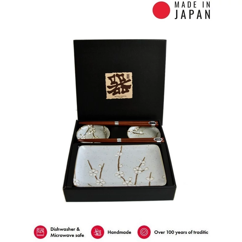 Made in Japan Grey with White Petals sushi készlet evőpálcikákkal