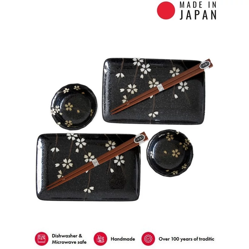Made in Japan Black with White Petals sushi készlet evőpálcikákkal