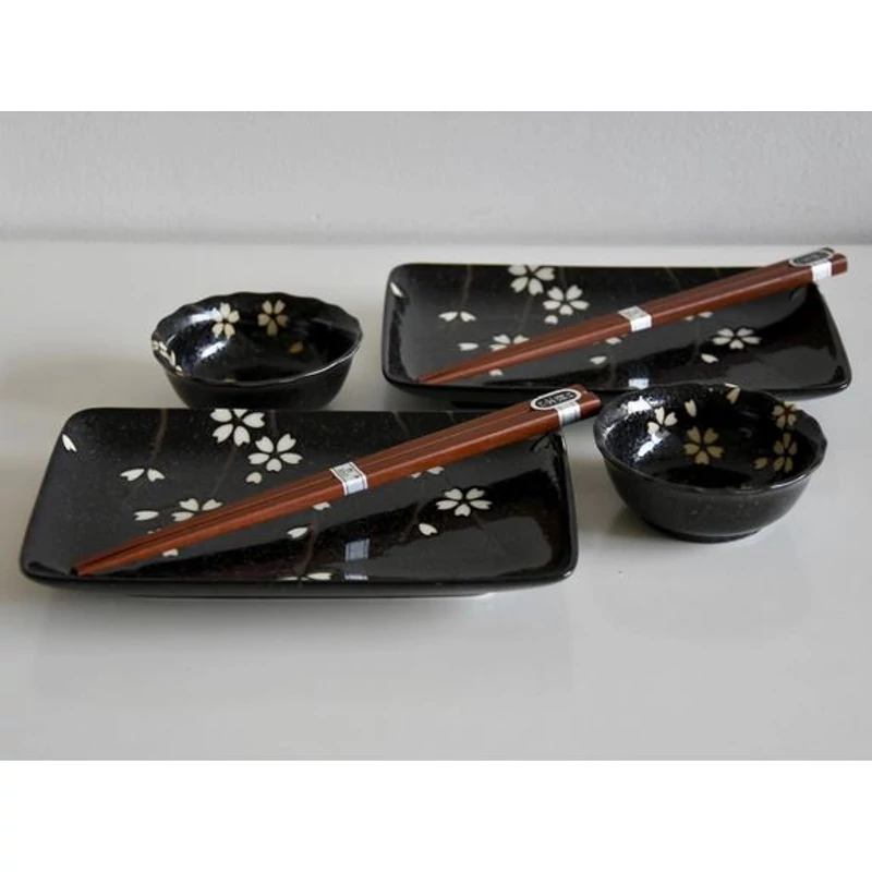Made in Japan Black with White Petals sushi készlet evőpálcikákkal