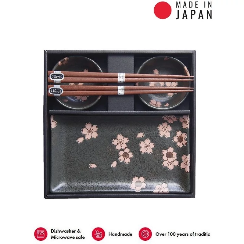 Made in Japan Black & Pink Sakura sushi készlet evőpálcikákkal