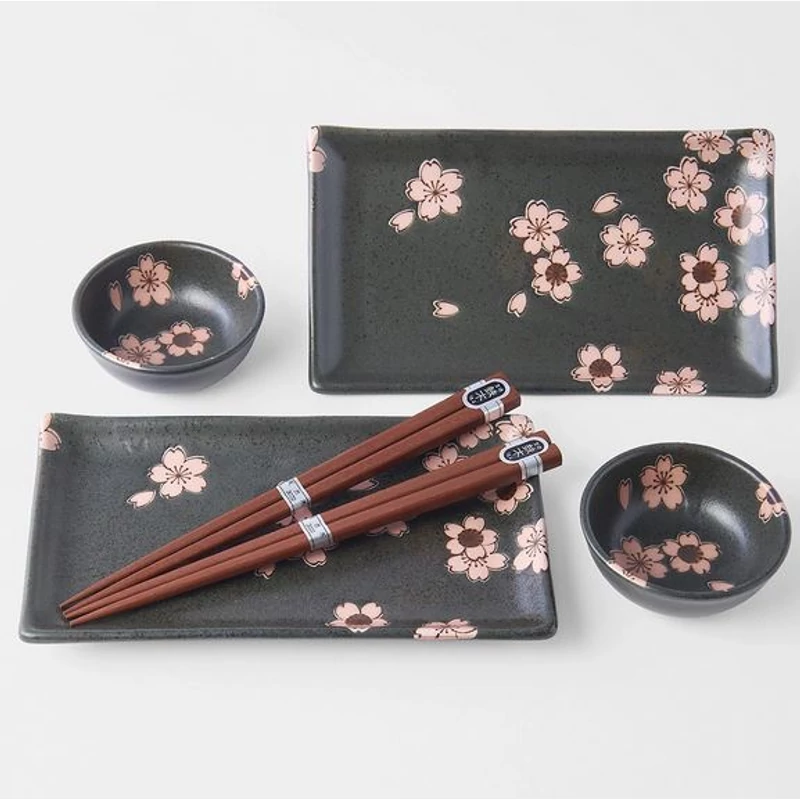 Made in Japan Black & Pink Sakura sushi készlet evőpálcikákkal