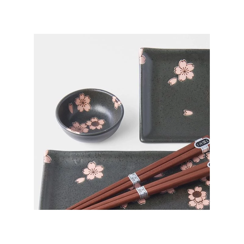 Made in Japan Black & Pink Sakura sushi készlet evőpálcikákkal